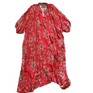 By Walid Doris Maxi Dress Womens XL Red Pink Floral V-Neck Linen Long Sleeve